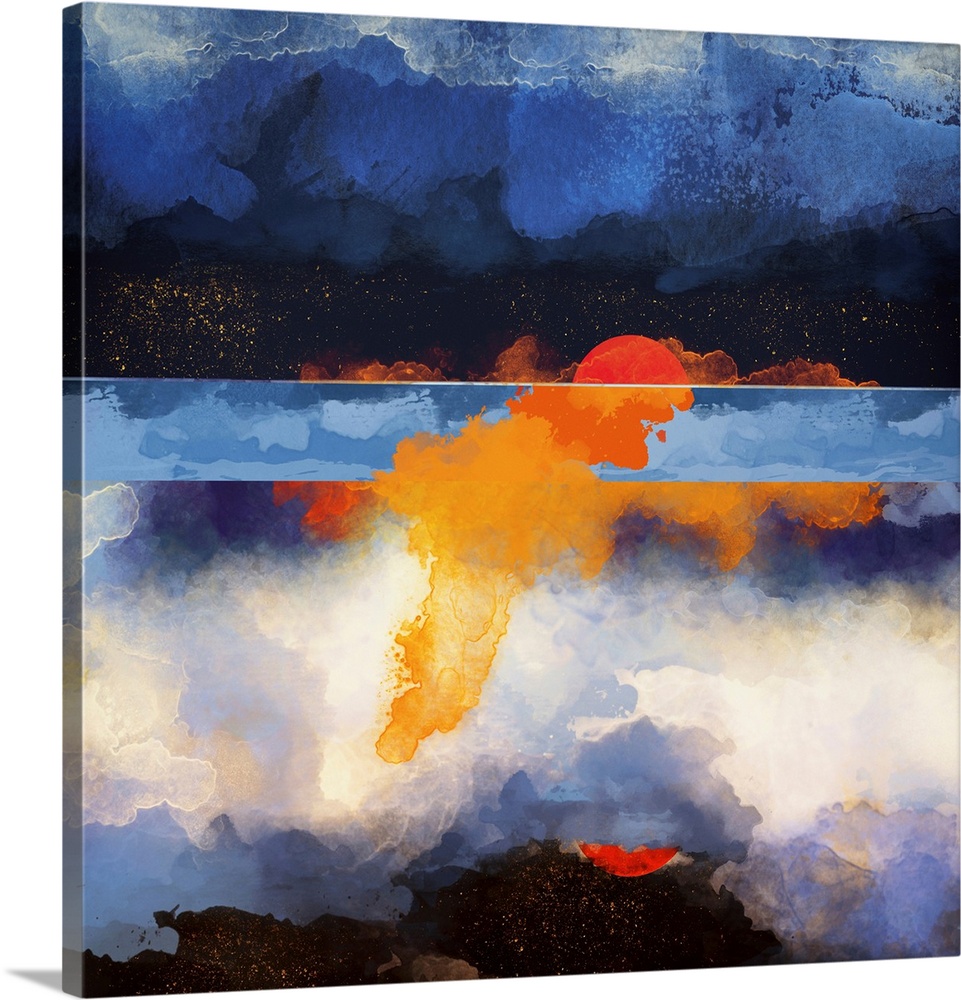 Abstract depiction of a reflection at dusk with water, blue, orange and white.
