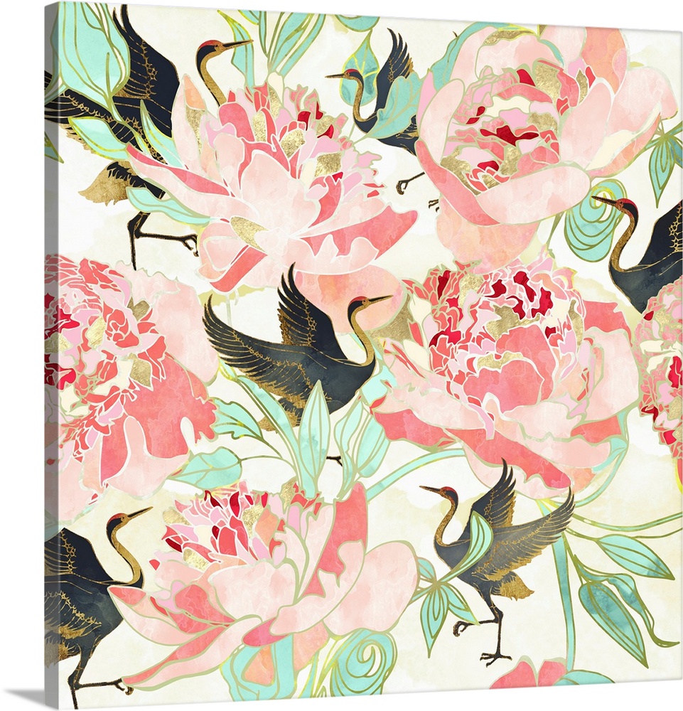 Abstract floral pattern with cranes, leaves, petals, pink, green and gold.