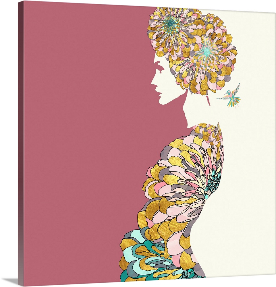 Abstract depiction of a woman with flowers, humming bird, pink, teal and gold.