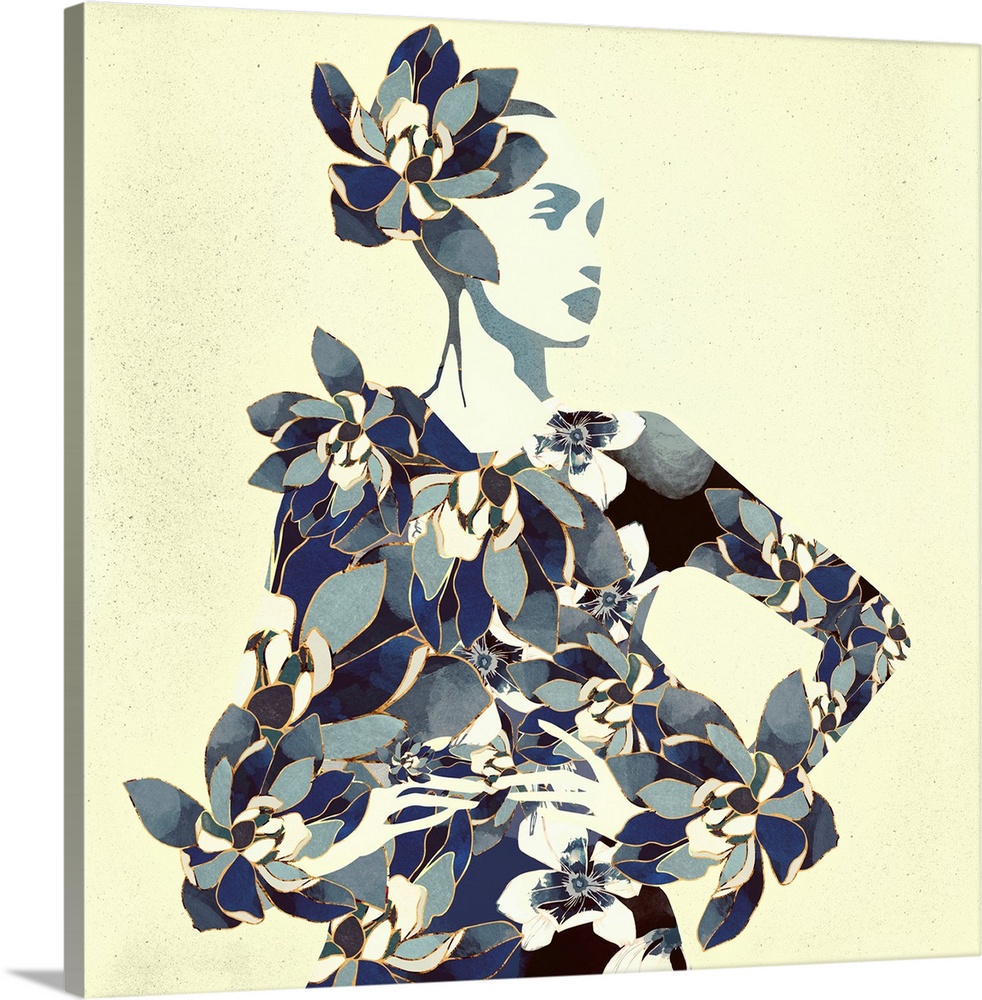 Abstract depiction of a woman with floral print, blue, yellow and ivory.