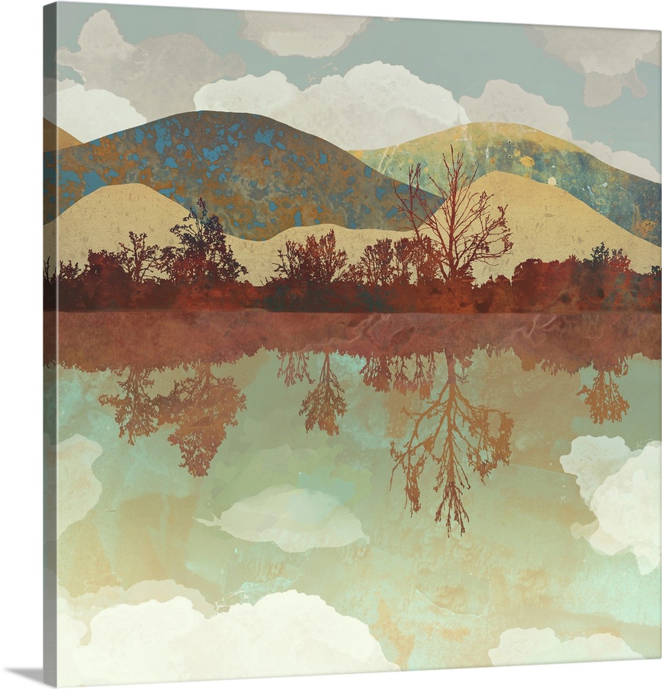 Abstract depiction of a landscape with water, mountains, trees and clouds.
