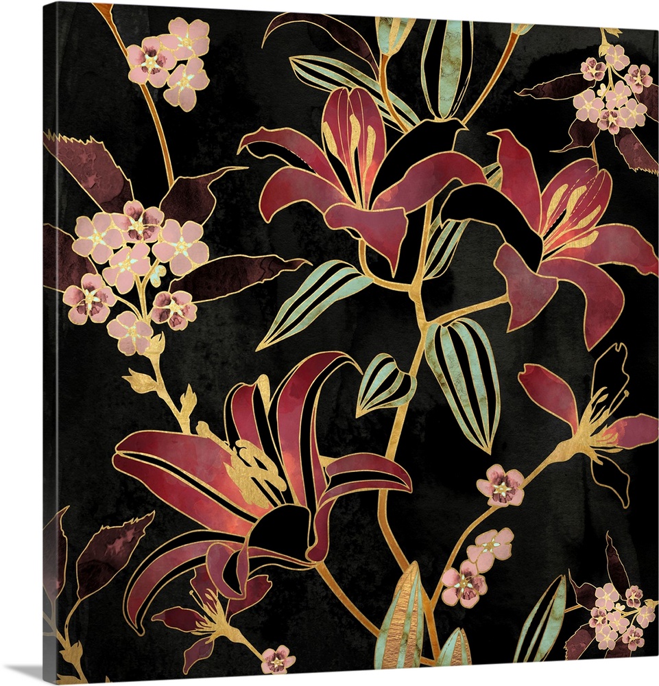 Abstract depiction of a floral arrangements of lilies with black, gold, green and pink.