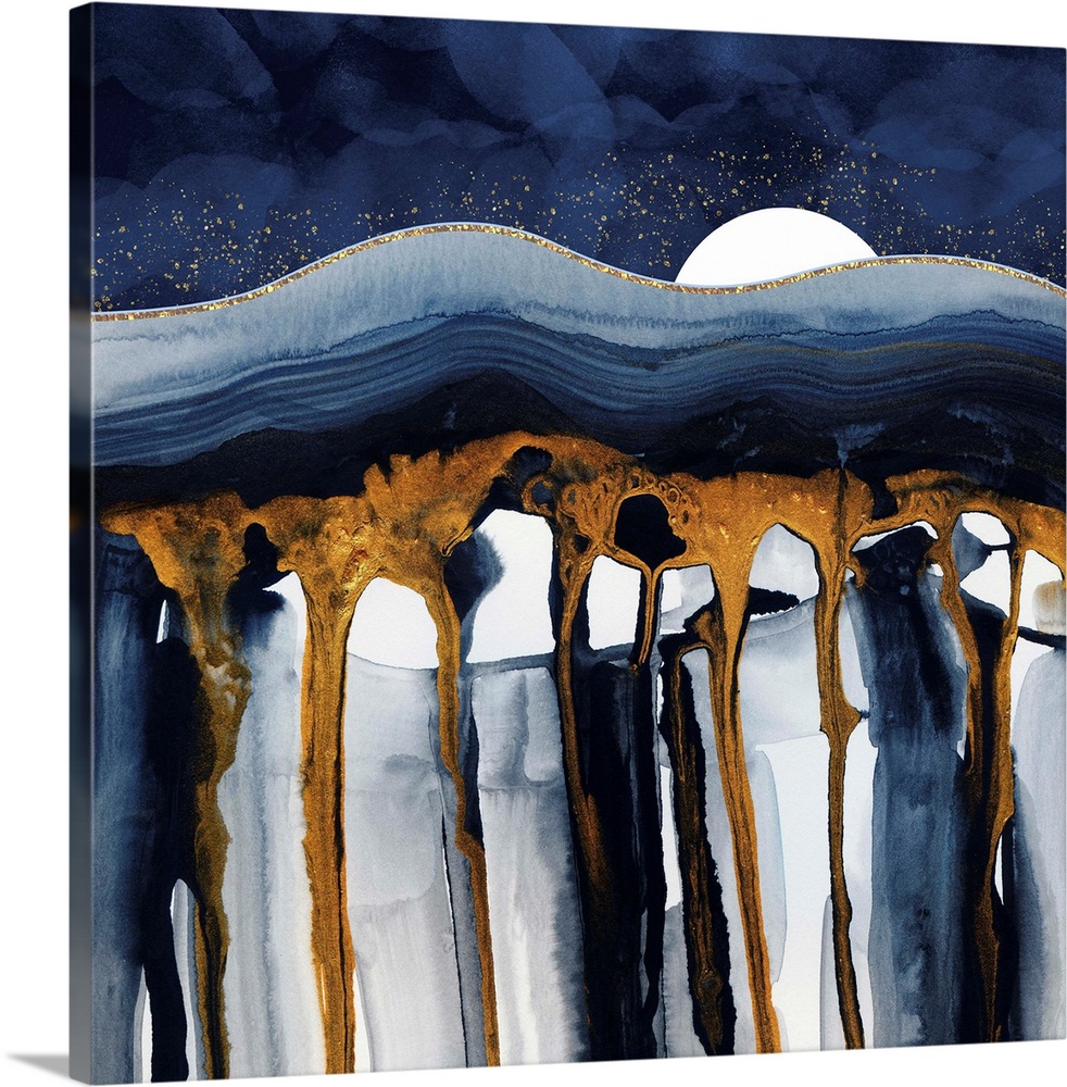 Abstract depiction of a landscape with liquid hills, blue, gold white.