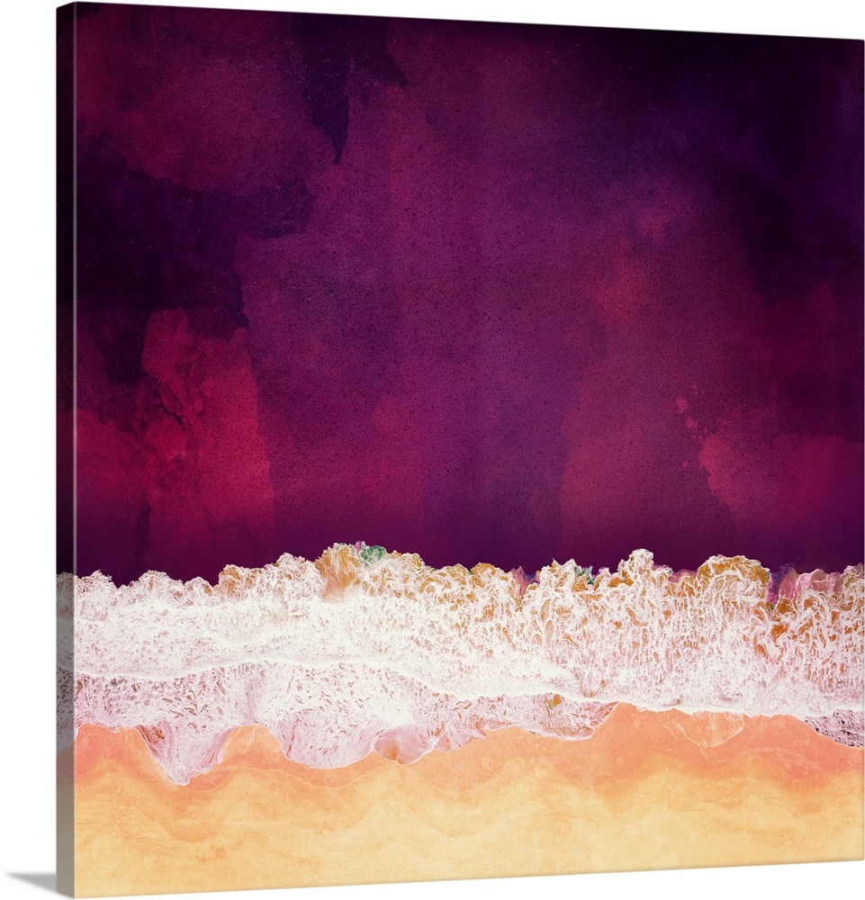 Abstract depiction of a maroon ocean with sea foam, sand and purple.