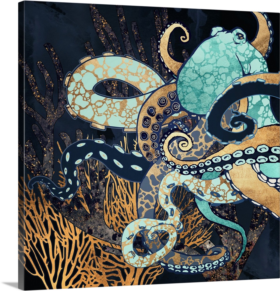 Abstract underwater depiction of an octopus with coral, gold, blue, teal and texture.