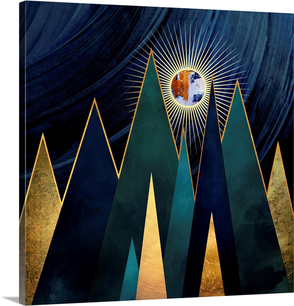 Abstract depiction of metallic mountain peaks with blue, gold, green and teal.