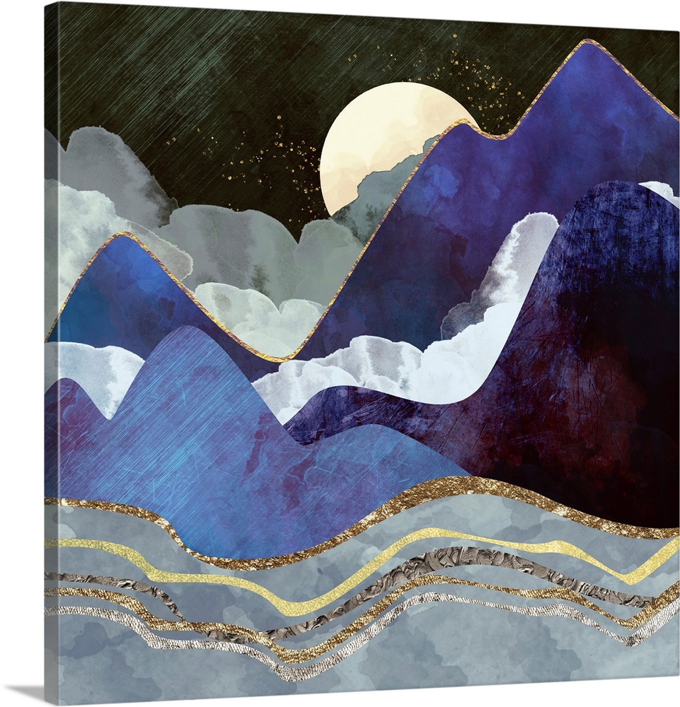 Abstract landscape featuring rolling hills, gold, silver, purple and clouds.