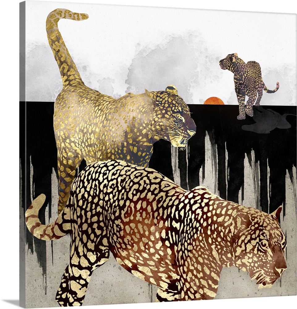 Abstract depiction of leopards with gold, black, white and orange.