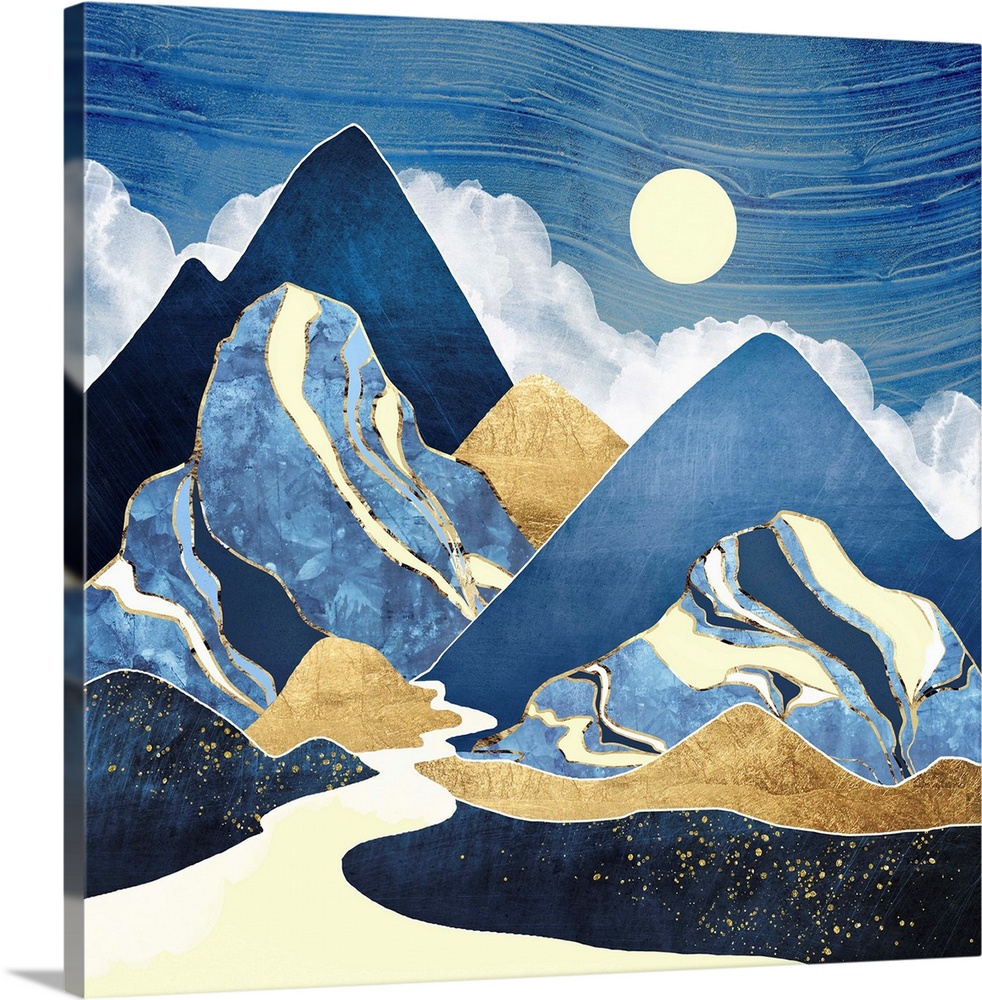 Abstract landscape with mountains, river, moon, blue, gold and yellow.