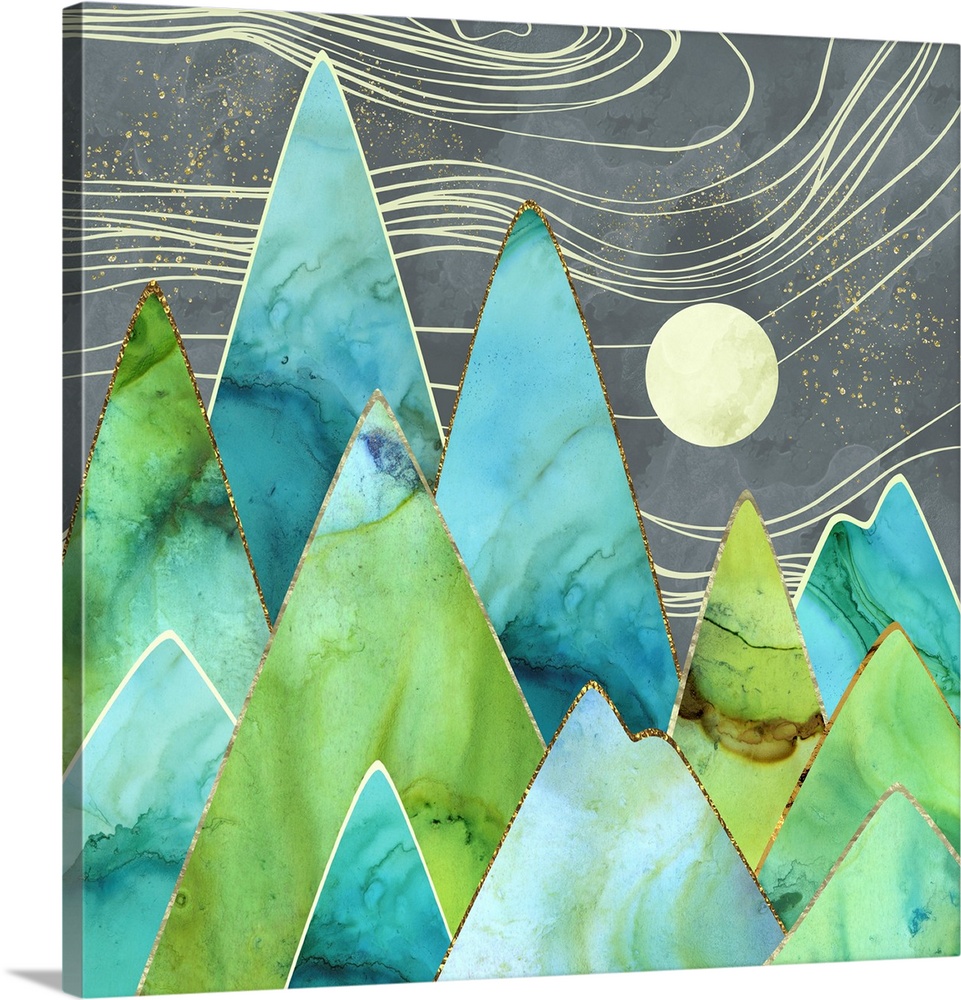 Abstract depiction of moonlit mountains with gold, teal, green, blue and grey.