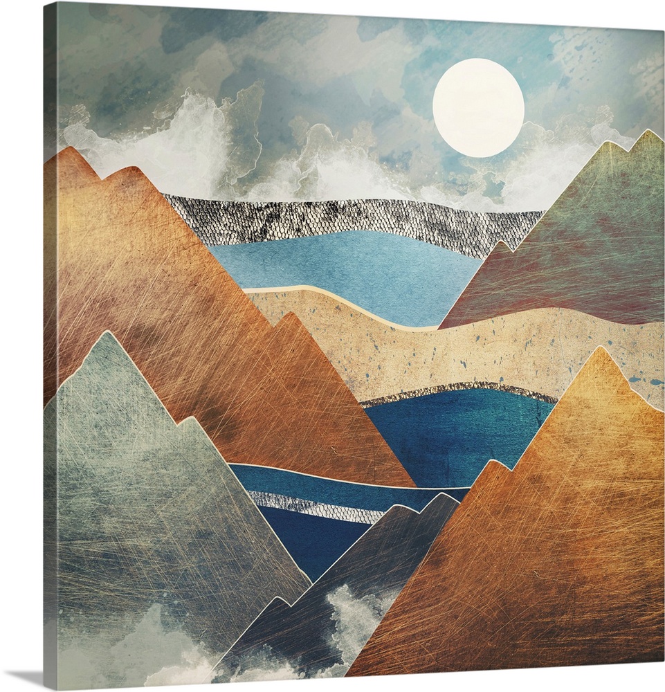Abstract depiction of a mountain pass with brown, texture, blue and brown.