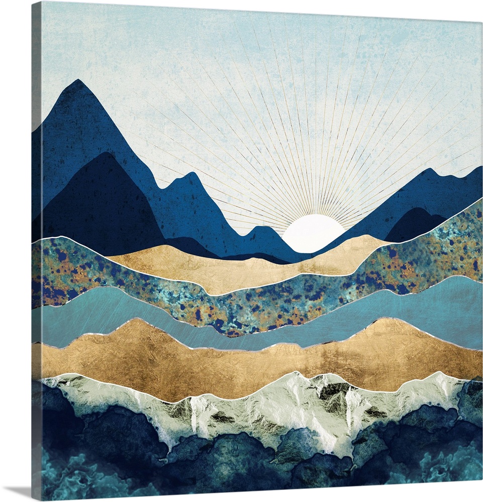 Abstract landscape with mountains, blue, gold, sun and sky.