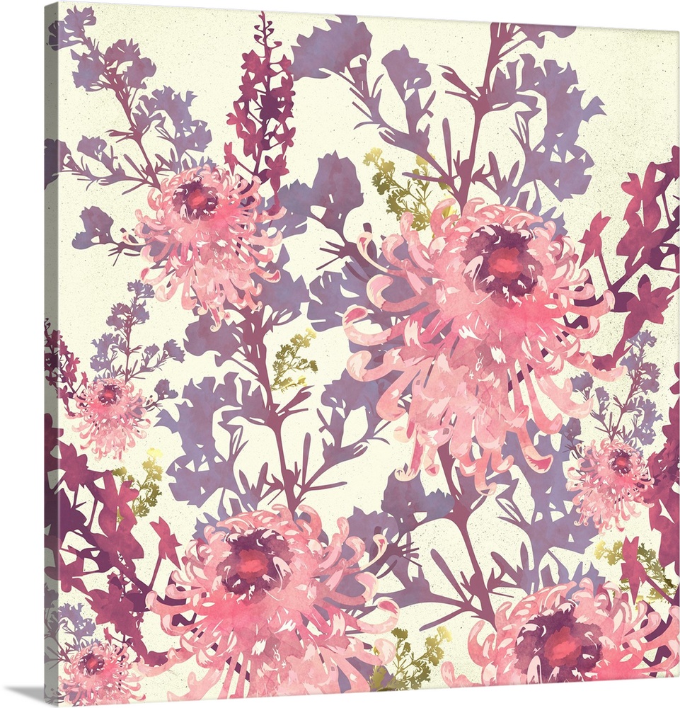 Abstract depiction of pink flowers with mauve, maroon, lavender and yellow.