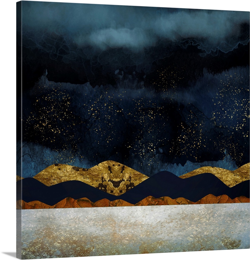 Abstract landscape with rain, mountains, gold, indigo, brown and texture.