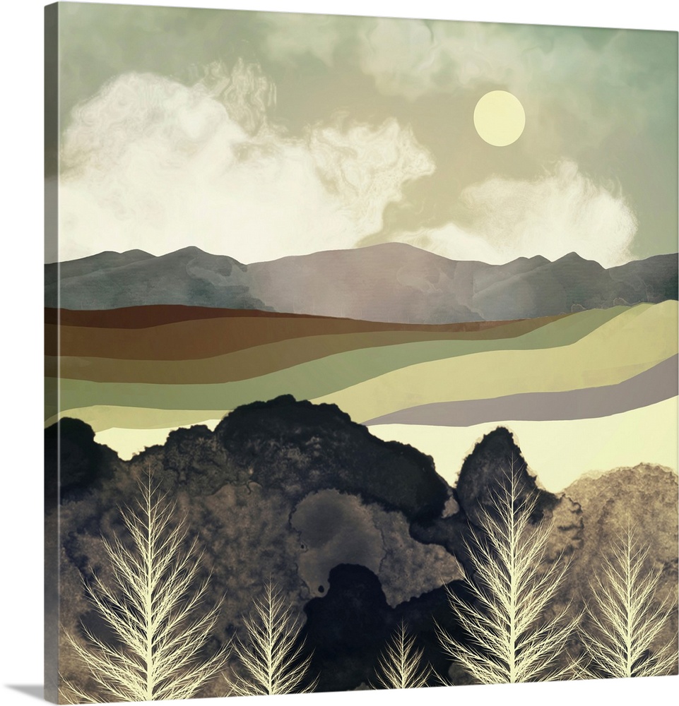 Abstract depiction of a retro afternoon with mountains, trees, green and brown.