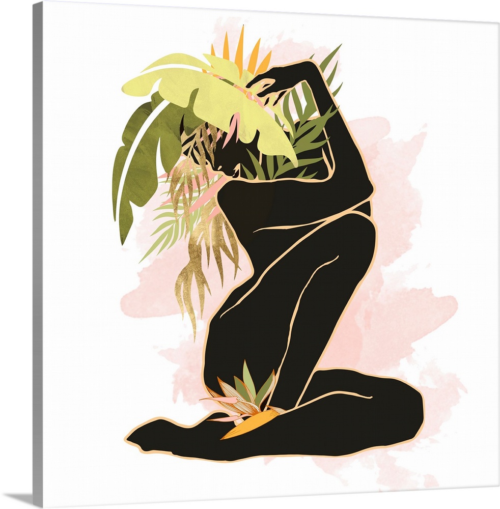 Abstract figurative piece with female, palm fronds, pink, green and black.