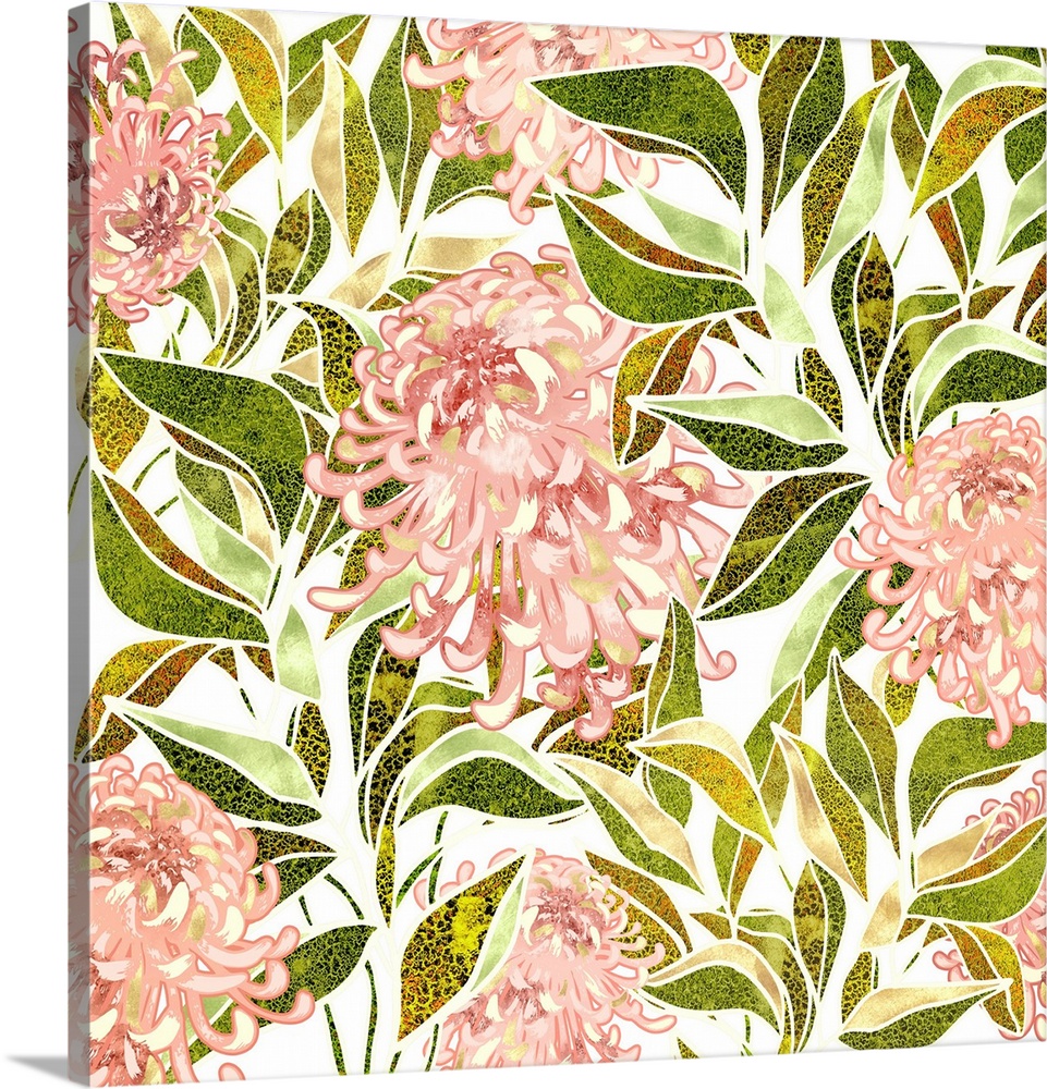 Abstract depiction of flowers with leaves, pink, gold, green and white.
