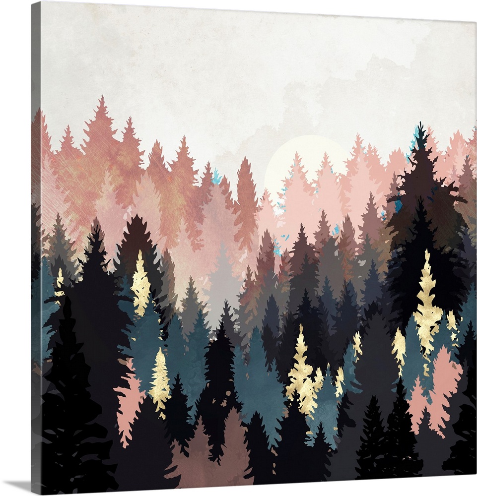 Abstract depiction of a spring forest with grey, pink, teal, gold and texture.