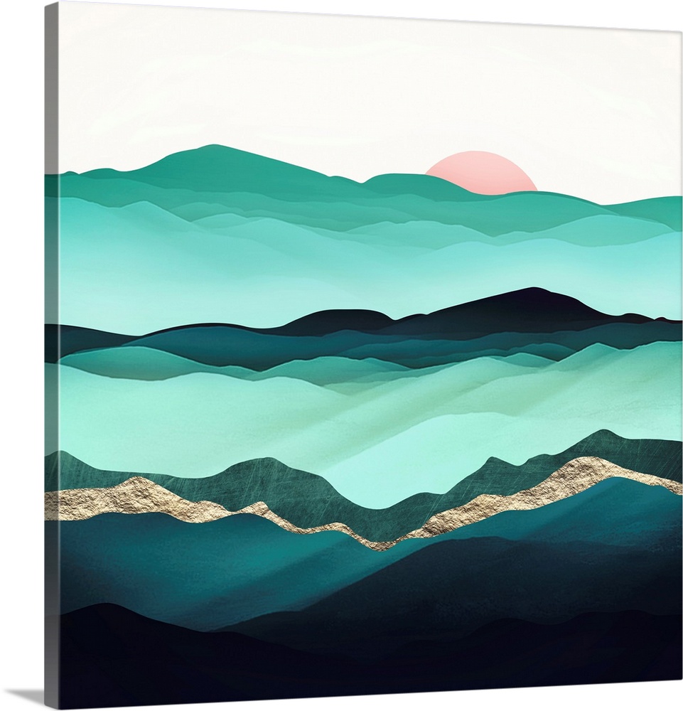 Abstract depiction of summer hills with green, mint, pink and gold.