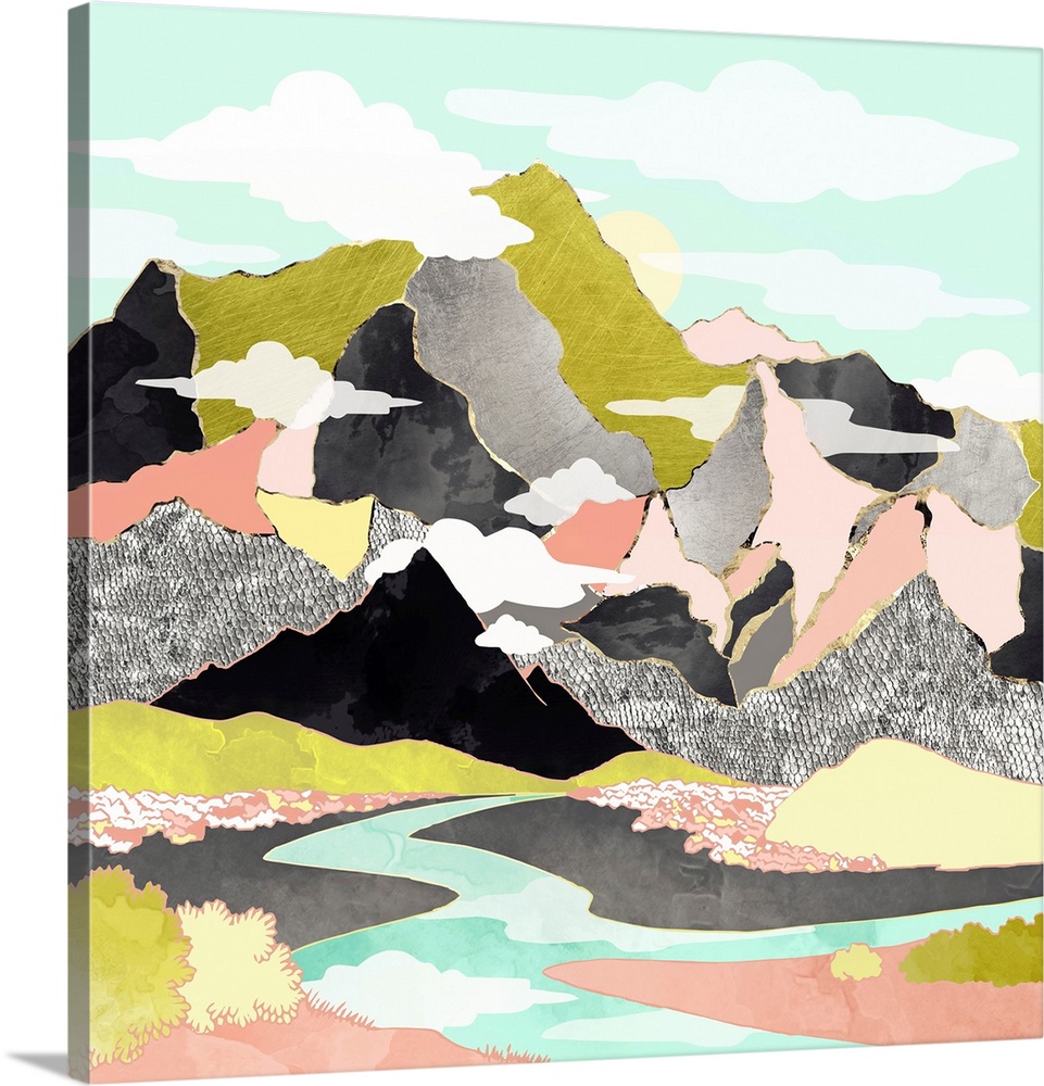 Abstract depiction of a summer river with mountains, silver, gold, pink, green and black.