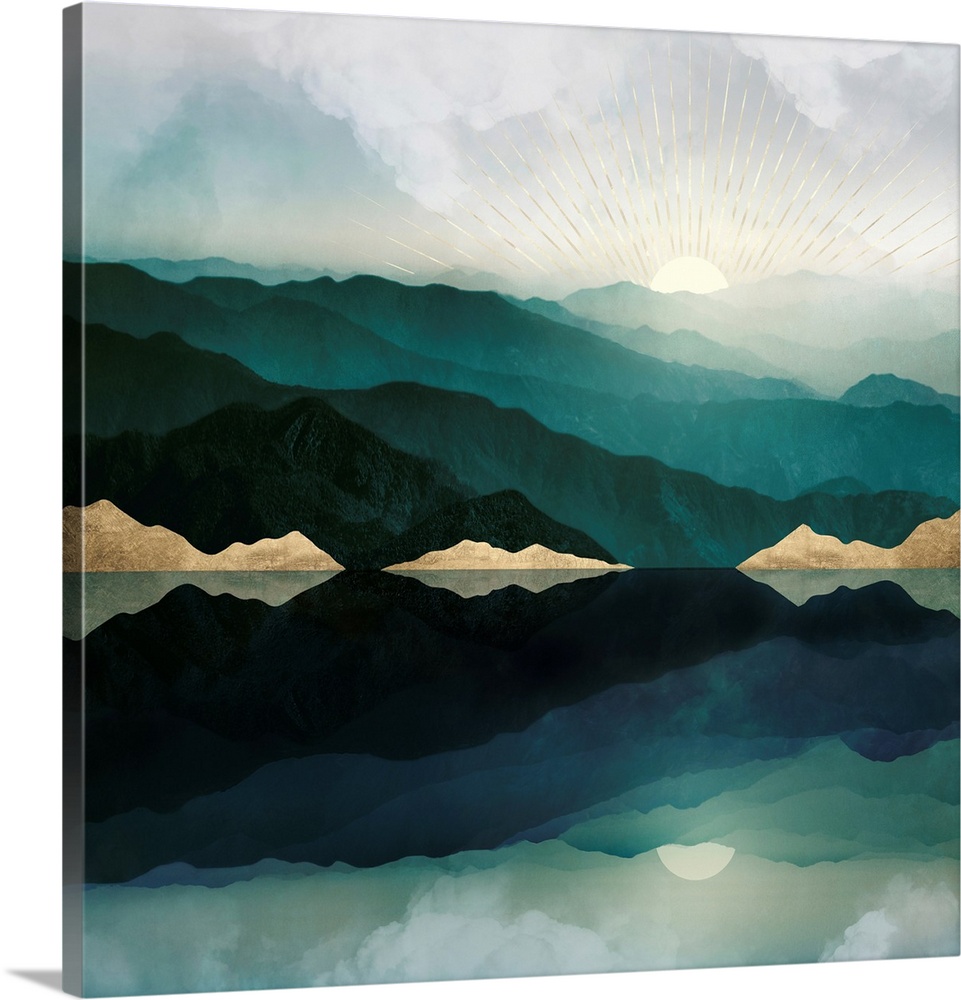 Abstract landscape with reflection featuring mountains, water, moon, sun, clouds, green and gold.