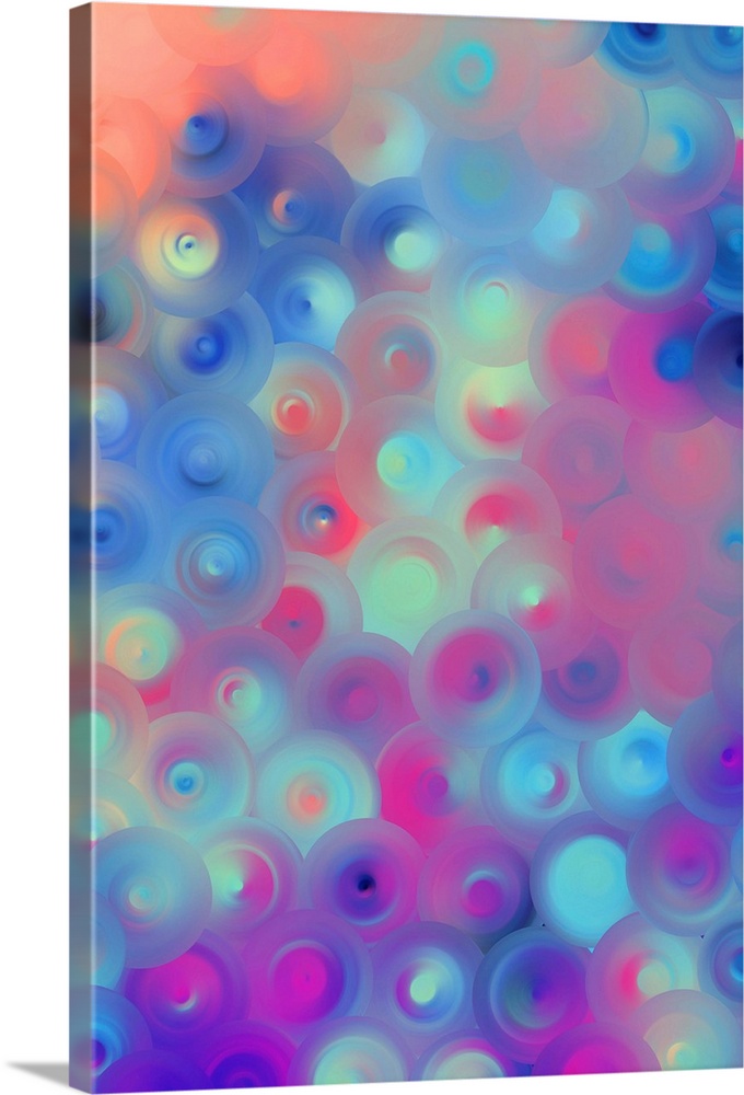 Abstract artwork of overlapping swirling circles in bright shades of teal, purple, and fuchsia.