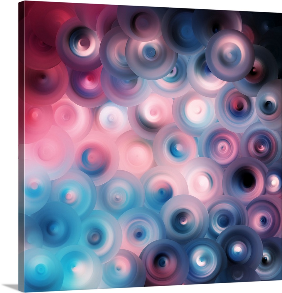 Abstract artwork of overlapping swirling circles in bright shades of blue and pink mixed with dark purple.