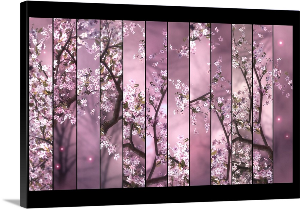 Vertical panels of cherry tree branches full of pink blossoms.