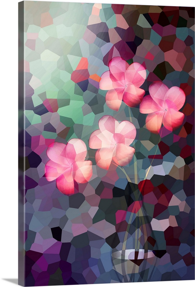 Four pink flowers in a clear glass vase with a geometric stained glass effect.