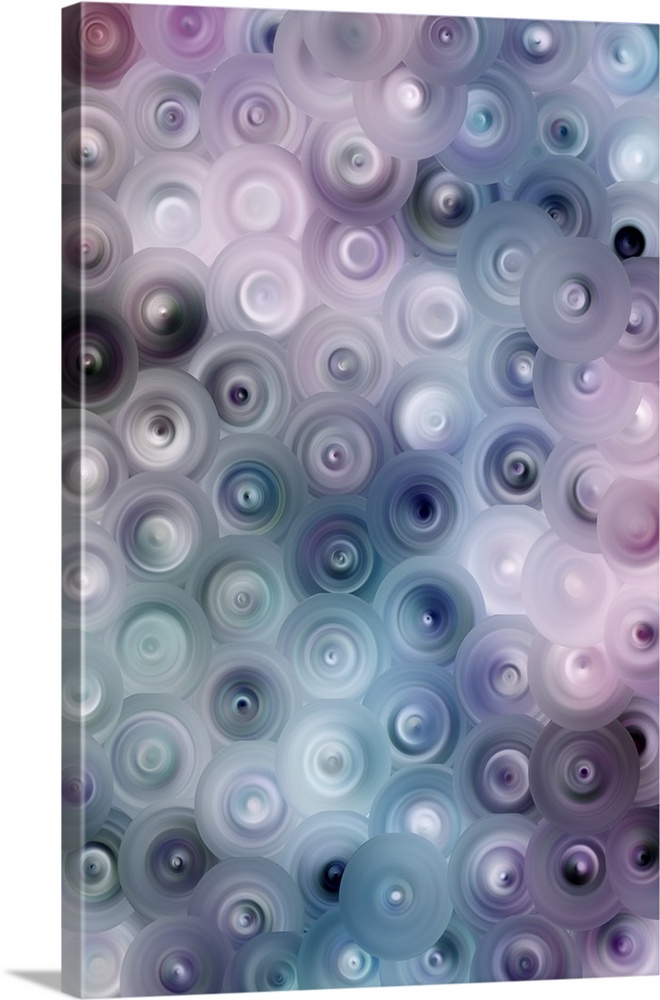 Abstract artwork of overlapping swirling circles in muted shades of blue and lavender.