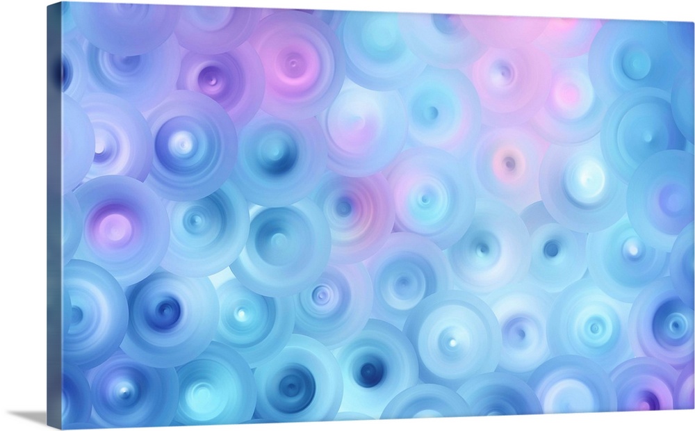 Abstract artwork of overlapping swirling circles in bright shades of blue and pink.