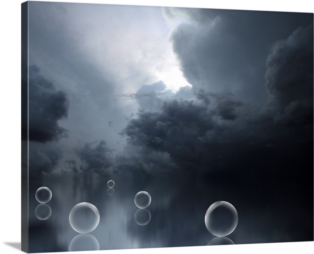 Horizontal fantast artwork on a big canvas of a dark, cloudy sky above several bubbles that appear to be sitting on top of...
