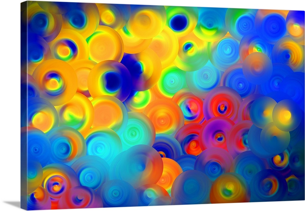 Abstract artwork of overlapping swirling circles in vibrant yellow, red, and blue.