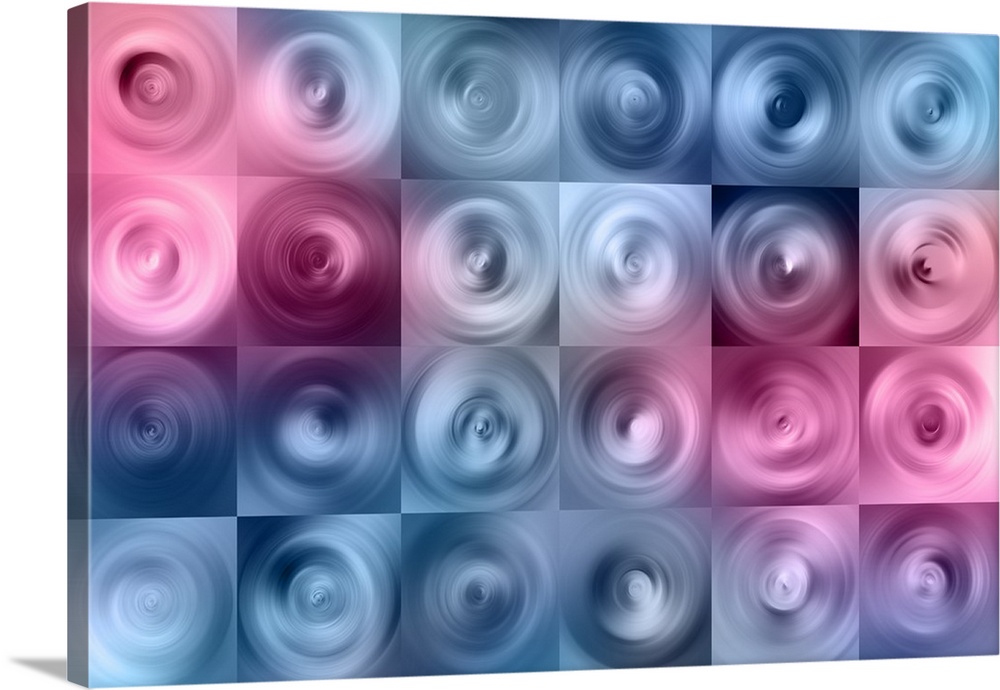 Abstract artwork of square tiles with swirling circular shapes in lavender and pink.