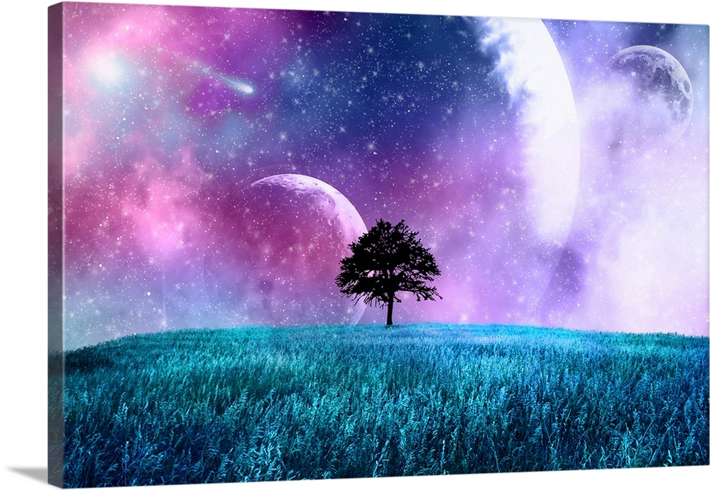 A lone tree in a field under a night sky filled with moons and stars.