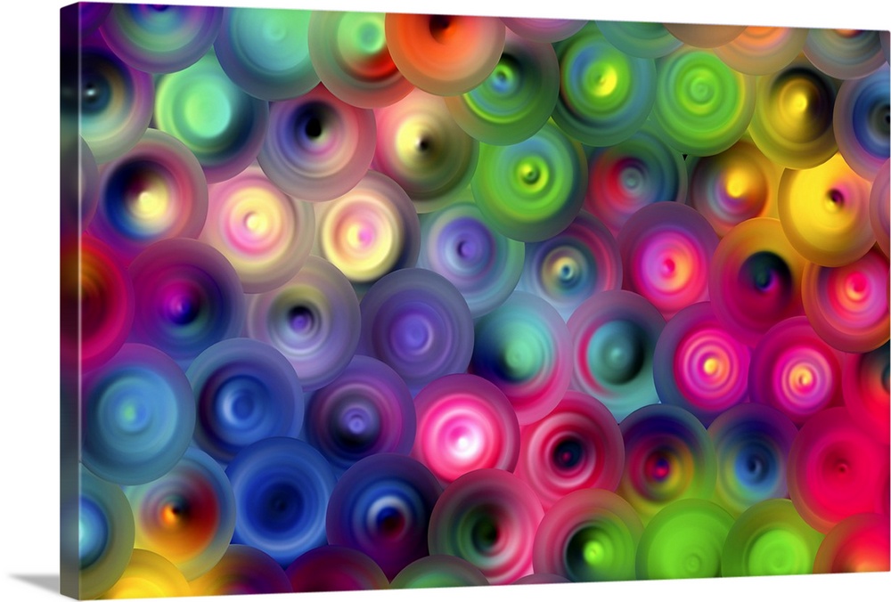 Abstract artwork of overlapping swirling circles in bright rainbow colors.
