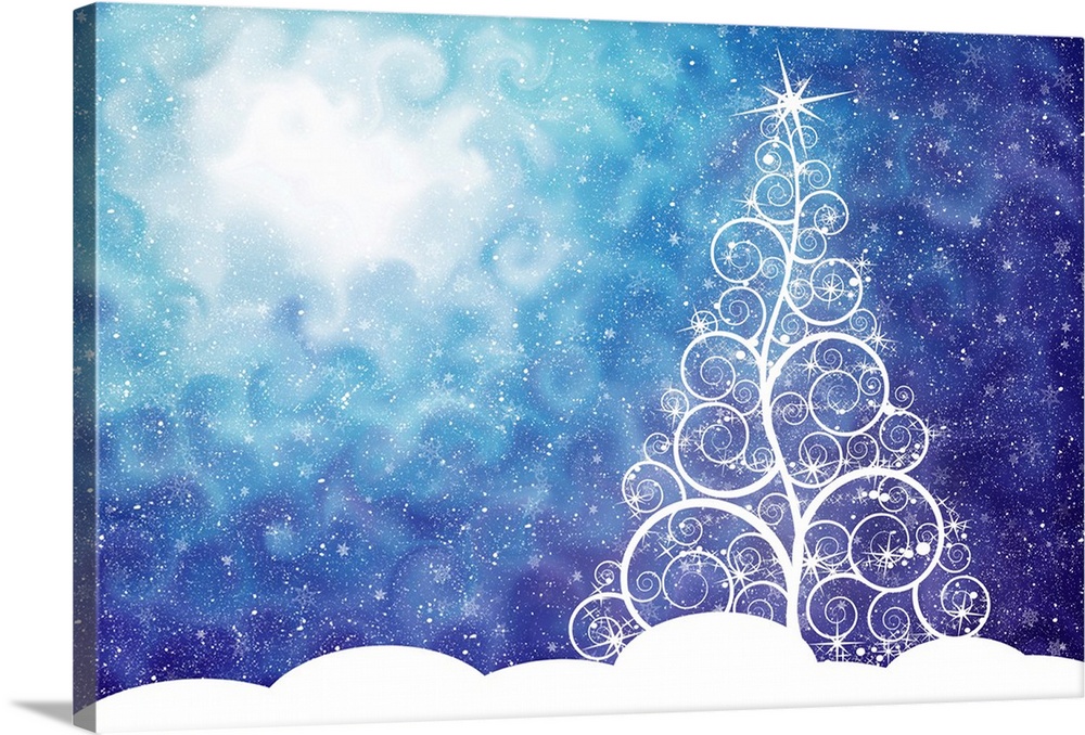 A white silhouette of a Christmas tree standing in snow, with snow falling in an illuminated night sky.