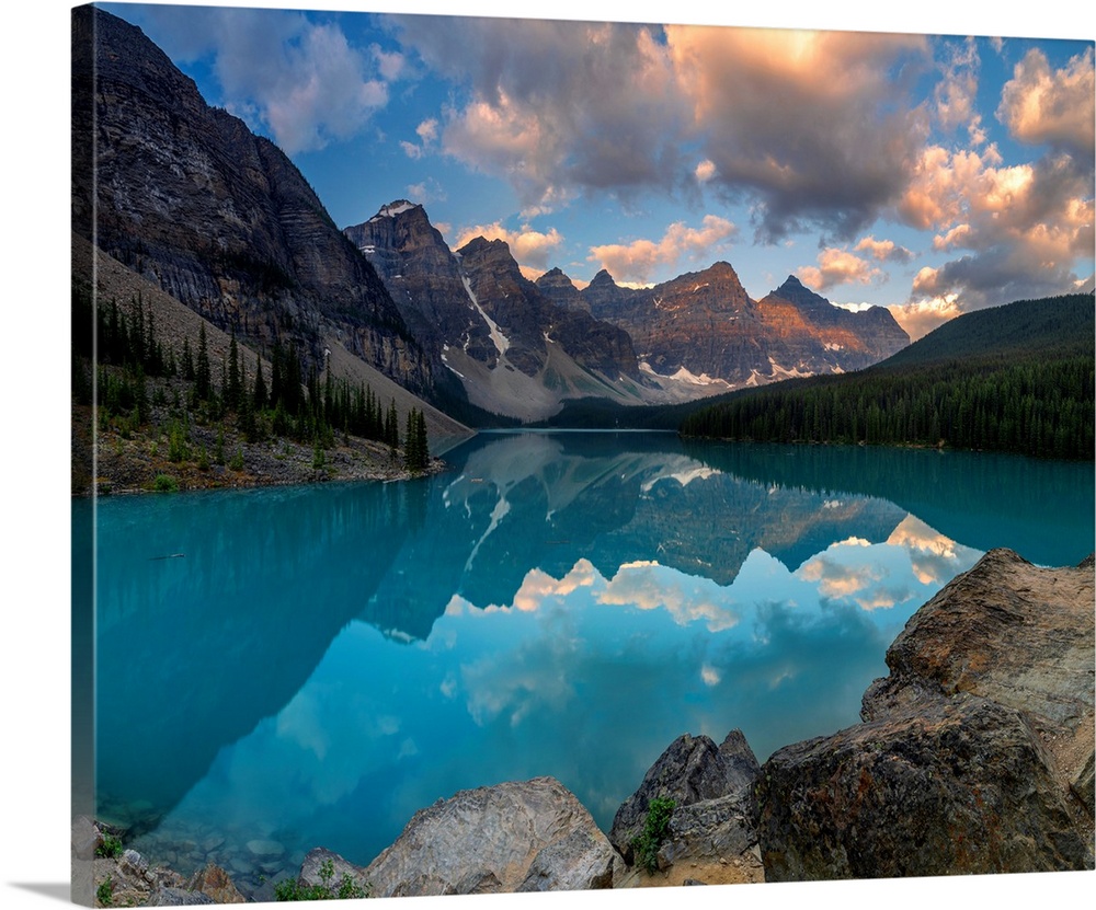 A sunrise refelection on Moraine Lake in the Canadian Rocky Mountains.