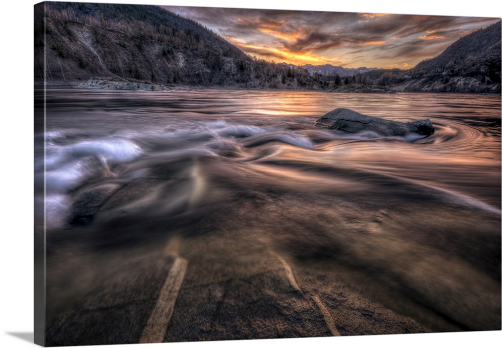 A long exposure of a sunset over the Columbia River.