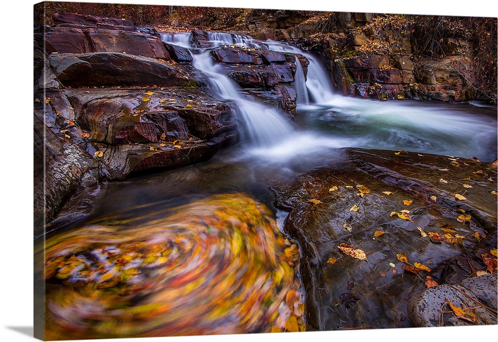 Fall colored leaves swirling around in a pool of water near a small waterfall in British Columbia, Canada.