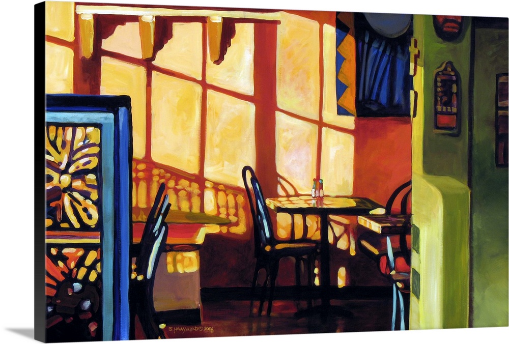 Santa Fe New Mexico has some wonderful Cafe's and this painting is based primarily the on sunset blazing through the windo...