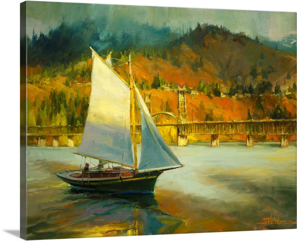 Traditional painting of a sailboat on the Columbia River Gorge river in autumn near a bridge in the evening