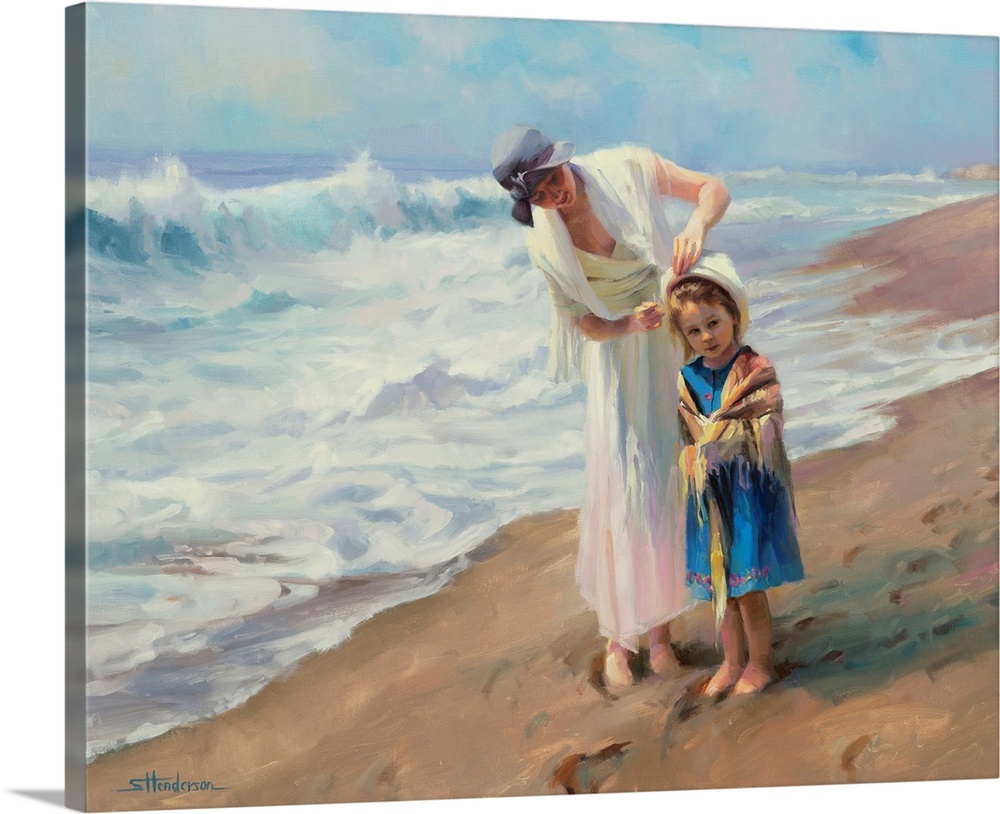Traditional representational painting of a mother and daughter at the beach. The girl is wearing a white shawl and her mot...