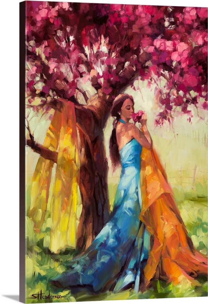 Traditional representational painting of a young woman standing before a blossoming tree in spring. She is smelling the fl...
