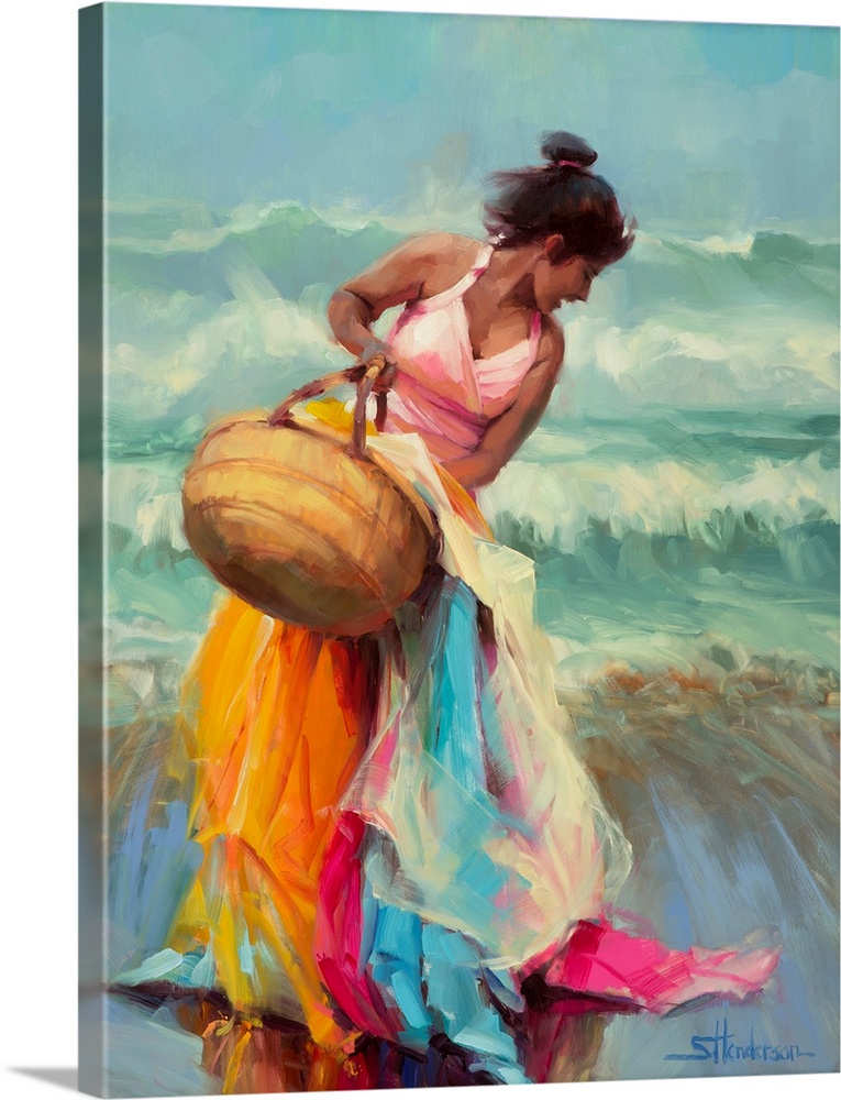 Traditional impressionist painting of a beautiful,laughing Hispanic woman holding a basket of overflowing colorful fabric,...