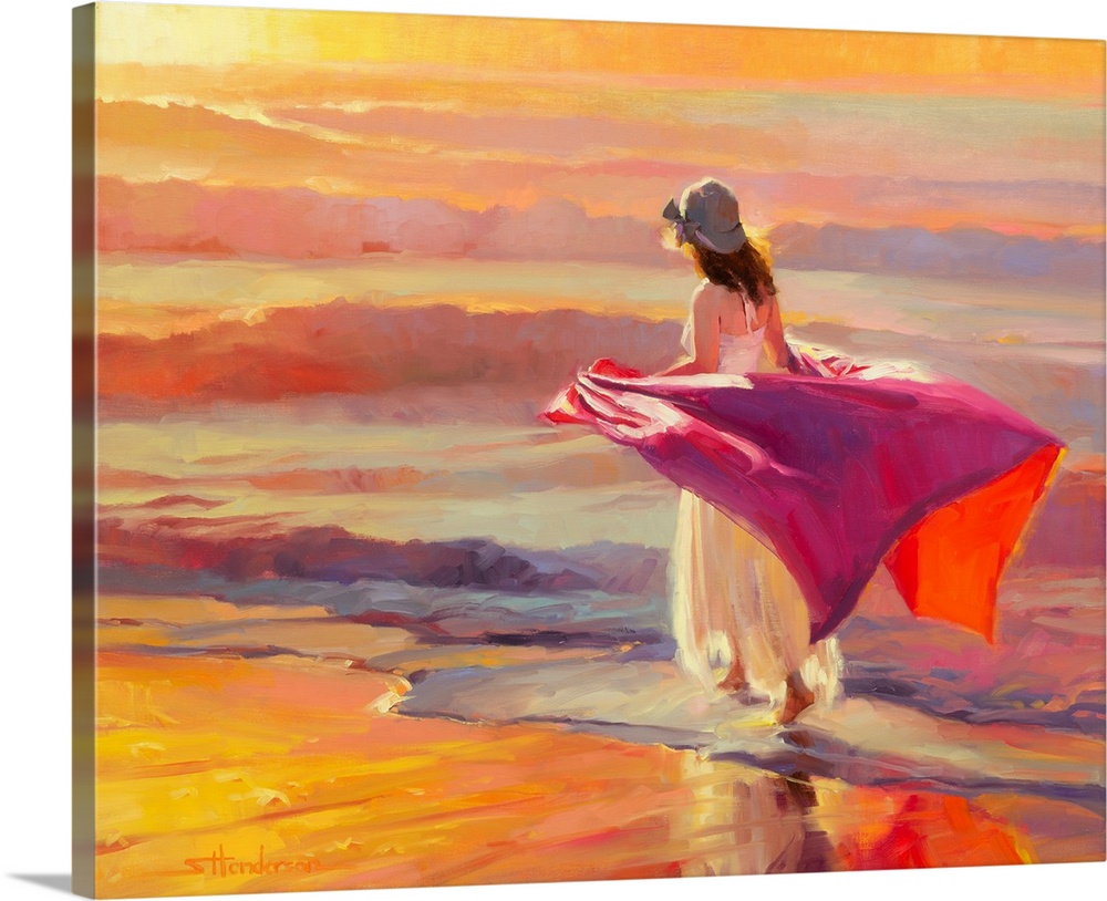 Traditional impressionist painting of lone woman strolling barefoot on the ocean beach at sunset