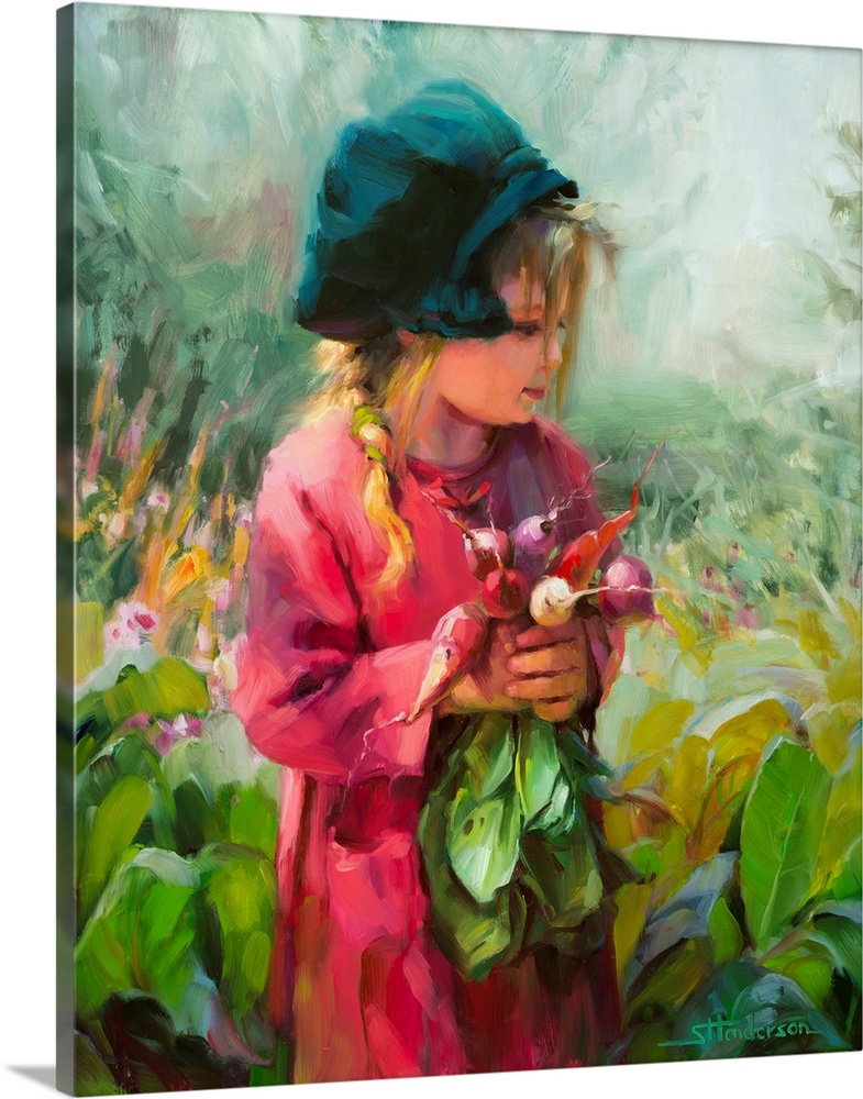 Traditional impressionist oil painting of a little girl, in a green hat, holding a bouquet of radishes in a country spring...