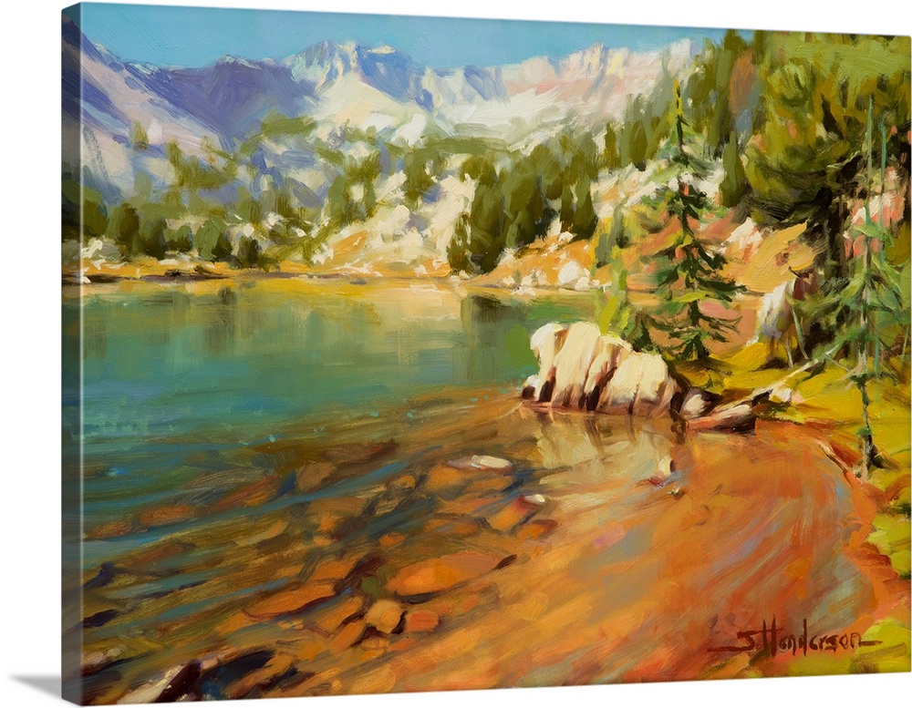 Traditional impressionist landscape painting of an alpine wilderness lake. It is calm, quiet, and peaceful.