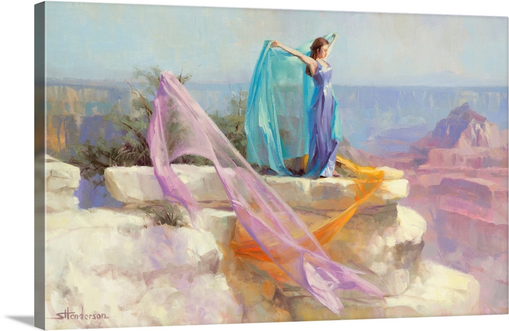 Traditional representational painting of a woman in a lilac dress standing on a rock in the Grand Canyon, with fabric acro...