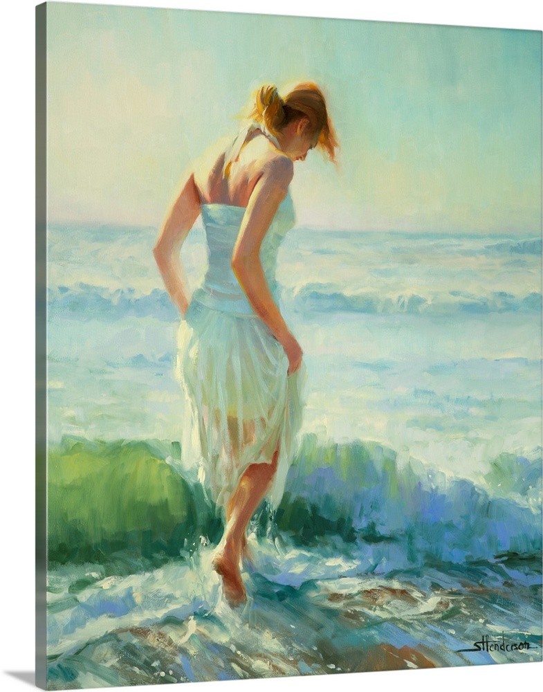 Traditional representational painting of a young woman in a sundress walking barefoot through the ocean surf. She is a red...
